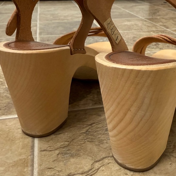 Swedish Hasbeens 80’s Strap Sandal Wood Clog Tan Brown EU 37 US 7 Boho Shoe - Picture 8 of 12